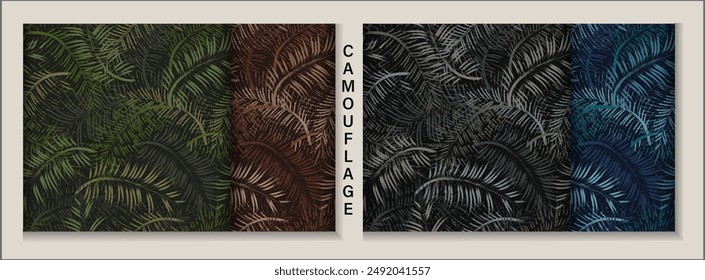 Seamless camo patterns with tropical foliage, palm leaves. Paint brush strokes. Grunge abstract style. For apparel, fabric, textile, sport goods.