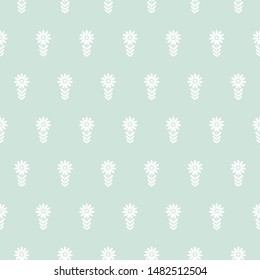 Seamless camomile flower pattern. Pale sage green background with white  blossoms . Vector symmetric wallpaper. Nature eco ornament for print. 