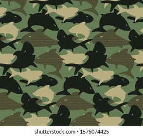 Seamless camouflage army pattern design with shark silhouette vector illustration.