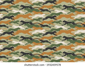 Seamless camouflage army pattern design with cheetah silhouette vector illustration.