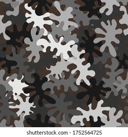 Seamless Camouflage background pattern. Classic clothing style masking camo repeat print. Black grey white colors winter ice texture. Vector design element backdrop.