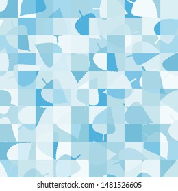 Seamless camouflage checkered pattern including symbolic leaves. Icy blue colors.