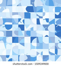 Seamless camouflage checkered pattern including symbolic leaves. Icy blue colors.