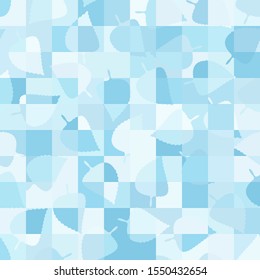 Seamless camouflage checkered pattern including symbolic leaves. Icy blue colors.