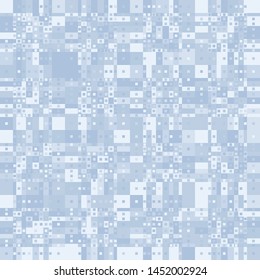 Seamless camouflage with a checkered structure, including a scattering of small squares. Winter with blue colors.