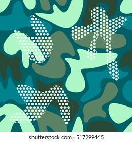 Seamless camouflage color pattern of abstract smooth forms with dots elements. Vector illustration for decoration fabrics, skins, backgrounds.