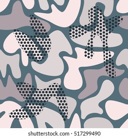 Seamless camouflage color pattern of abstract smooth forms with dots elements. Vector illustration for decoration fabrics, skins, backgrounds.