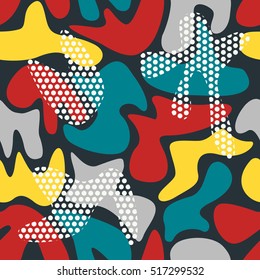 Seamless camouflage color pattern of abstract smooth forms with dots elements. Vector illustration for decoration fabrics, skins, backgrounds.