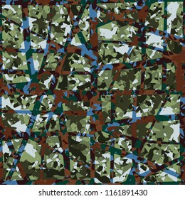 Seamless camouflage colors of the jungle with a network of lines of different thicknesses and different directions.