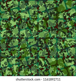 Seamless camouflage colors of the jungle with a network of squares separated by an oblique cross.