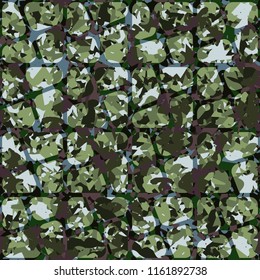 Seamless camouflage colors of the jungle with a network of squares separated by an oblique cross.