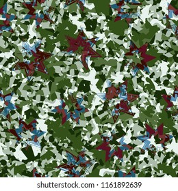 Seamless camouflage colors of the jungle with seven-pointed stars.