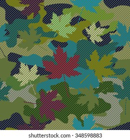 Seamless camouflage dark khaki hatched pattern with maple leaves. Man fashion. Military textile collection. Green, purple, blue. Backgrounds & textures shop. 