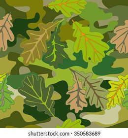 Seamless camouflage dark khaki pattern with oak leaves. Man fashion. Military textile collection. Green. Backgrounds & textures shop.