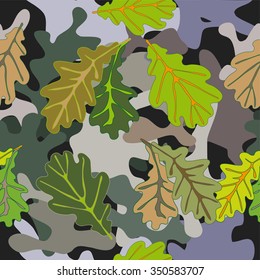 Seamless camouflage dark khaki pattern with oak leaves. Man fashion. Military textile collection. Grey. Backgrounds & textures shop.