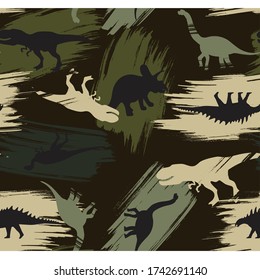 Seamless camouflage Dino pattern on dark background, print for T-shirts, textiles, wrapping paper, web. Grunge design for boys and girls