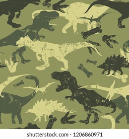 Seamless  camouflage Dino pattern, print for T-shirts, textiles, wrapping paper, web. Original design with t-rex, dinosaur.  grunge design for boys and girls