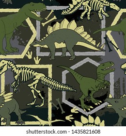 Seamless  camouflage Dino pattern, print for T-shirts, textiles, wrapping paper, web. Original design with t-rex, dinosaur.  grunge design for boys and girls