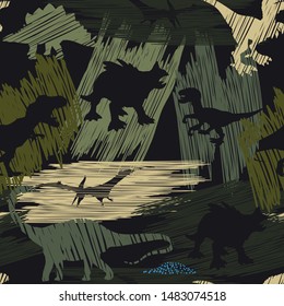 Seamless  camouflage Dino pattern, print for T-shirts, textiles, wrapping paper, web. grunge design for boys and girls