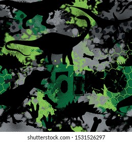 Seamless  camouflage Dino pattern, print for T-shirts, textiles, wrapping paper, web. Original design with t-rex, dinosaur.  grunge design for boys and girls