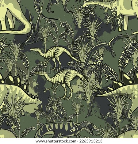 Seamless  camouflage Dino pattern, print for T-shirts, textiles, wrapping paper, web. Original design with t-rex, dinosaur.  grunge design for boys and girls