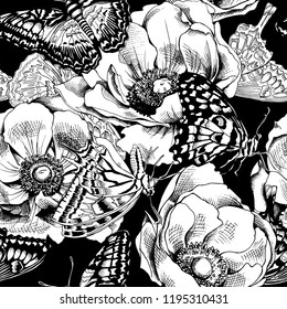 Seamless camouflage floral pattern. Different Exotic butterflies and Anemone flowers. Textile composition, hand drawn style print. Vector black and white illustration.