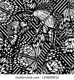 Seamless camouflage floral pattern. Different Exotic butterflies on a geometric background. Textile composition, hand drawn style print. Vector black and white illustration.