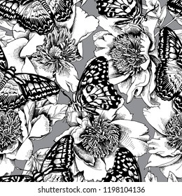 Seamless camouflage floral pattern. Different Exotic butterflies and Peony flowers on a gray background. Textile composition, hand drawn style print. Vector black and white illustration.