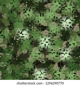 Seamless camouflage. The front layer is pixel. The background consists of oak leaves. Easy to edit.