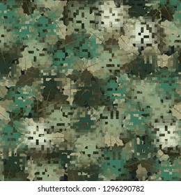 Seamless camouflage. The front layer is pixel. The background consists of oak leaves. Easy to edit.