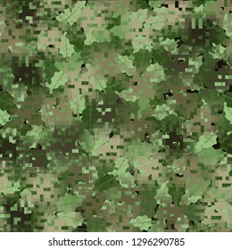 Seamless camouflage. The front layer is pixel. The background consists of oak leaves. Easy to edit.