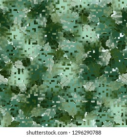 Seamless camouflage. The front layer is pixel. The background consists of oak leaves. Easy to edit.