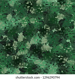Seamless camouflage. The front layer is pixel. The background consists of oak leaves. Easy to edit.