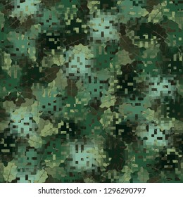 Seamless camouflage. The front layer is pixel. The background consists of oak leaves. Easy to edit.