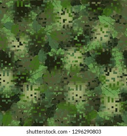 Seamless camouflage. The front layer is pixel. The background consists of oak leaves. Easy to edit.