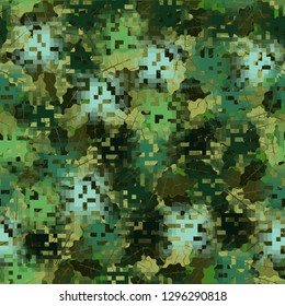 Seamless camouflage. The front layer is pixel. The background consists of oak leaves. Easy to edit.