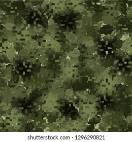 Seamless camouflage. The front layer is pixel. The background consists of oak leaves. Easy to edit.