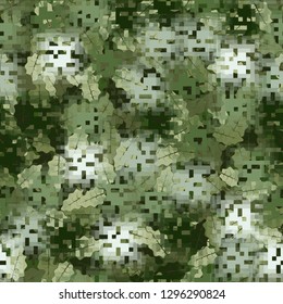 Seamless camouflage. The front layer is pixel. The background consists of oak leaves. Easy to edit.