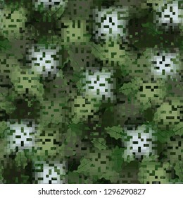 Seamless camouflage. The front layer is pixel. The background consists of oak leaves. Easy to edit.