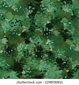 Seamless camouflage. The front layer is pixel.
Background consisting of random-shaped chaotic spots. Editable.