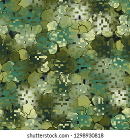 Seamless camouflage. The front layer is pixel.
Background consisting of random-shaped chaotic spots. Editable.