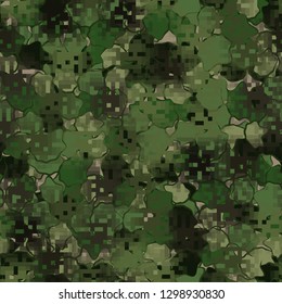 Seamless camouflage. The front layer is pixel.
Background consisting of random-shaped chaotic spots. Editable.