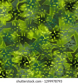 Seamless camouflage. The front layer is pixel.
The background consists of angular curved figures. Editable.