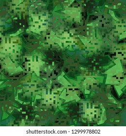 Seamless camouflage. The front layer is pixel.
The background consists of angular curved figures. Editable.