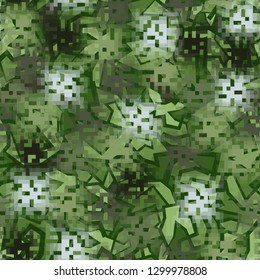 Seamless camouflage. The front layer is pixel.
The background consists of angular curved figures. Editable.