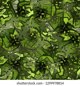 Seamless camouflage. The front layer is pixel.
The background consists of angular curved figures. Editable.