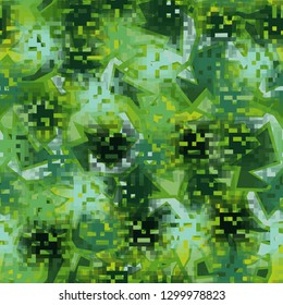 Seamless camouflage. The front layer is pixel.
The background consists of angular curved figures. Editable.