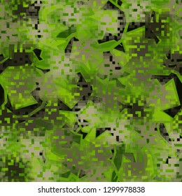 Seamless camouflage. The front layer is pixel.
The background consists of angular curved figures. Editable.