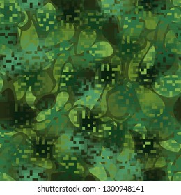 Seamless camouflage. The front layer is pixel.
The background consists of spots with soft contours. Editable.