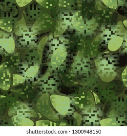 Seamless camouflage. The front layer is pixel.
The background consists of spots with soft contours. Editable.